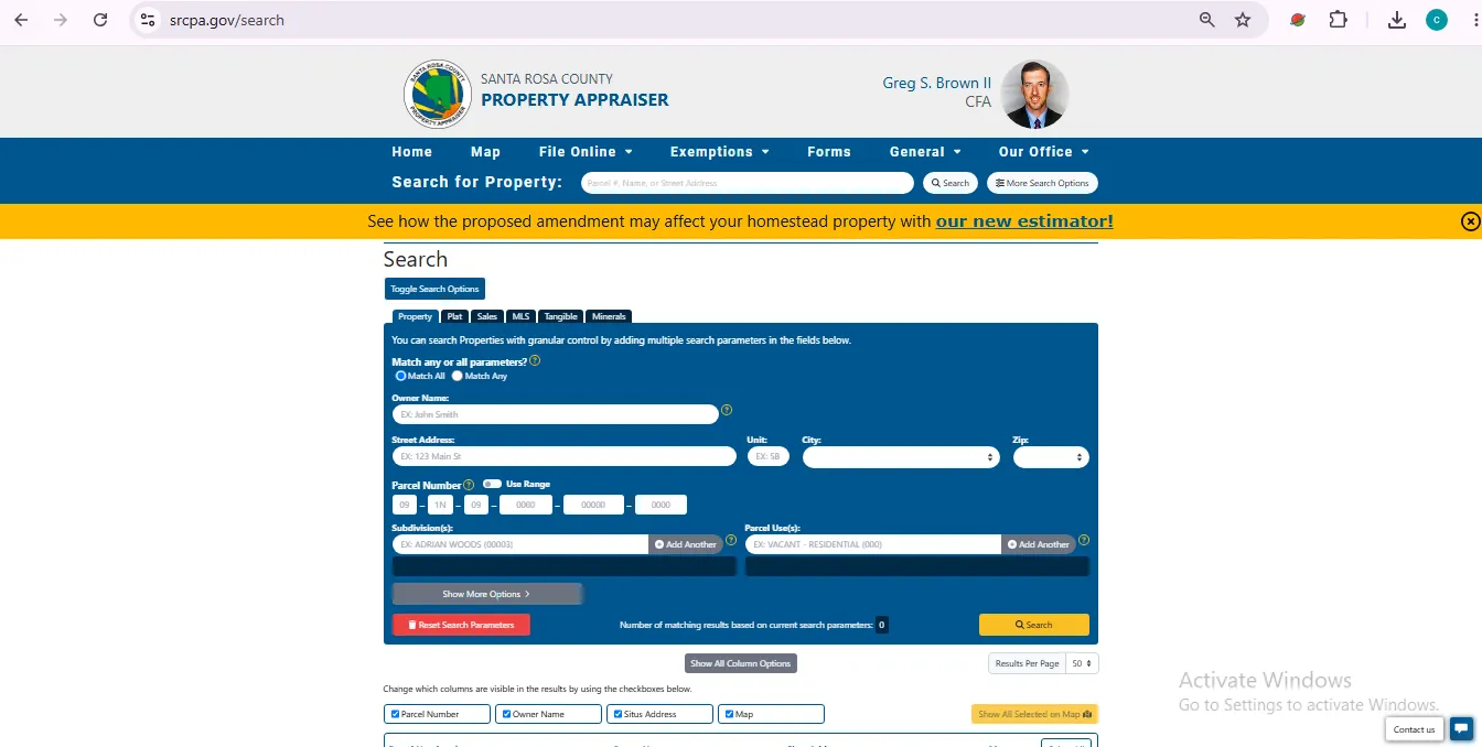 Santa Rosa County Property Appraiser official search page for owner address city ZIP and parcel lookup