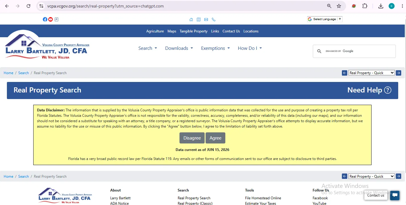 Volusia County Property Appraiser official real property search tool for name address Alt Key and Parcel ID lookup